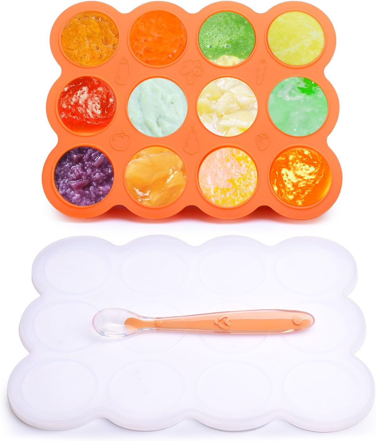 BALFER Baby Food Freezer Tray with Lid, Silicone Food Storage Container, Perfect for Homemade Baby Food, Vegetables and Fruits Purees, BPA Free & FDA Approved, with 1 Silicone Baby Spoon, Orange