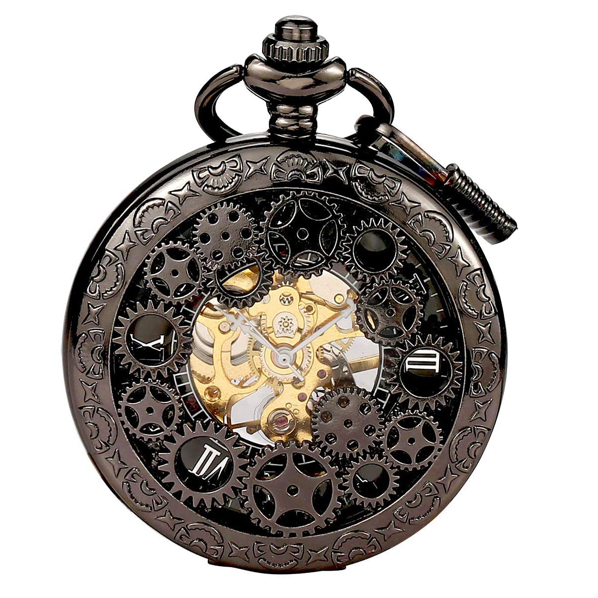 BOSHIYA Mechanical Pocket Watch Hand Wind Retro Hollow Roman Numerals Steampunk Black Pocket Watch with Chain for Men + Gift Box