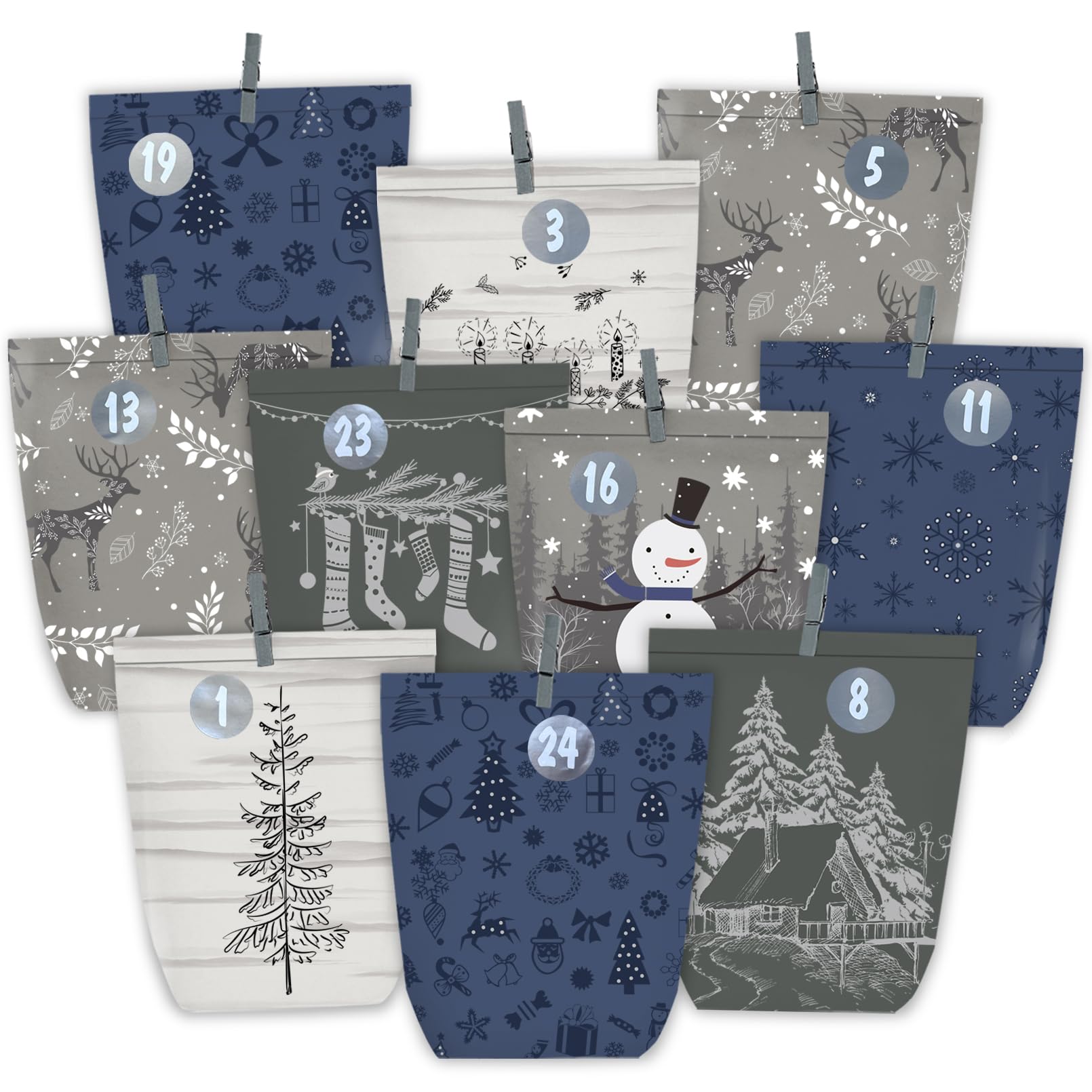 PANSIBY Advent Calendar for Filling, 24 Christmas Calendar Paper Bags with Number Stickers for DIY Crafting, Gift Bags for Display and Decorating, Kraft Paper Bags Advent for Children and Adults