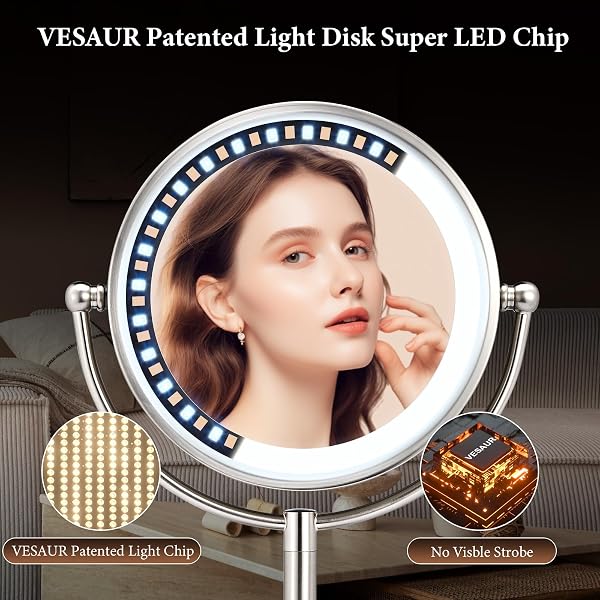 PROFESSIONAL 8.5″ LARGE LIGHTED MAKEUP MIRROR WITH BRIGHTER LIGHTS, 1X/10X TRUE HD MAGNIFYING MIRROR WITH 3 COLOR DIMMABLE LIGHTS, 90 SHADOWLESS LEDS, 360°SWIVEL SEAMLESS VANITY MIRROR, PEARL NICKEL