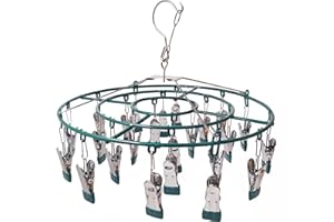 MOQIUZI Clothes Drying Rack,Stainless Steel Hanger with 24 Clips, Round Swivel, Windproof Hook Hanger for Drying Baby Clothes ，Bras, Towel, Sock,Lingerie (Green)