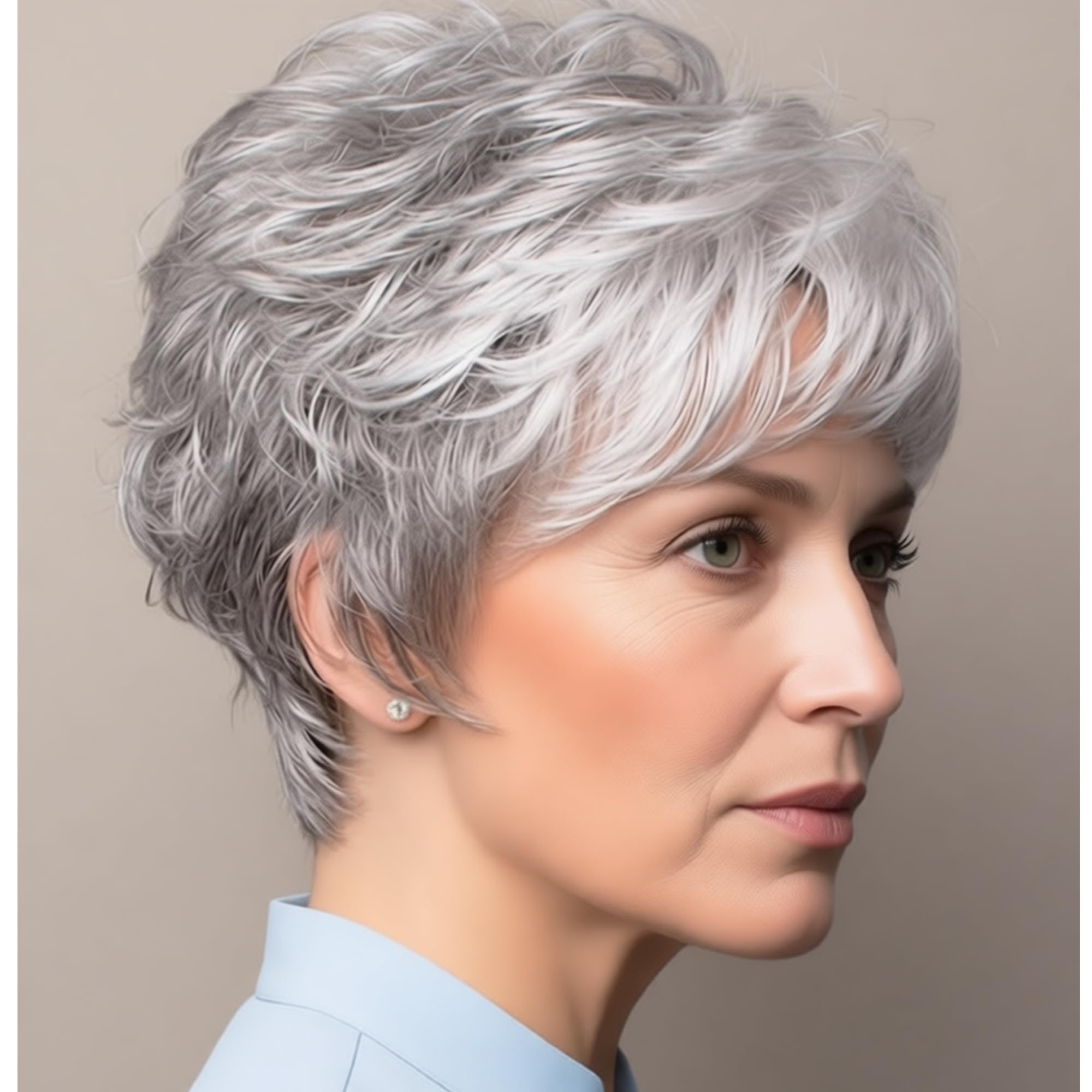 Photo 1 of XIUFAXIRUSI XIUFAXIRUSI Grey Curly Pixie Wigs for White Women Short Fluffy White Hair with Bangs Natural Synthetic Heat Resistant Wig