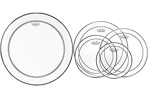 GEARNUTS Remo Pinstripe Clear 4-piece Tom Pack - 10/12/14/16-inch and 22-inch Powerstroke P3 Clear Bass Drumhead with 2.5 inch Impact Pad