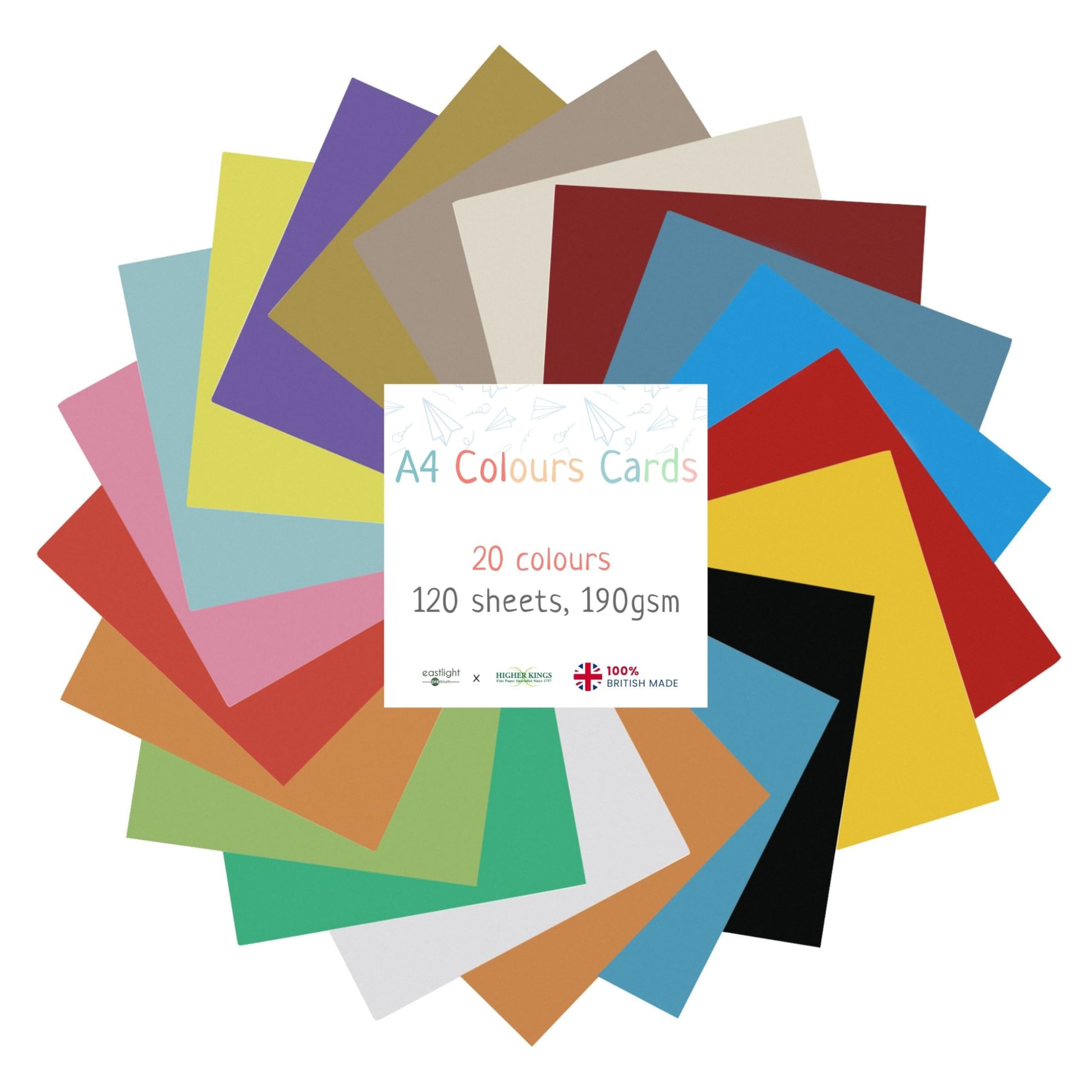 Coloured A4 Card 190gsm – 120 Sheets, 20 Assorted Colours – 100% Recycled, Made in UK