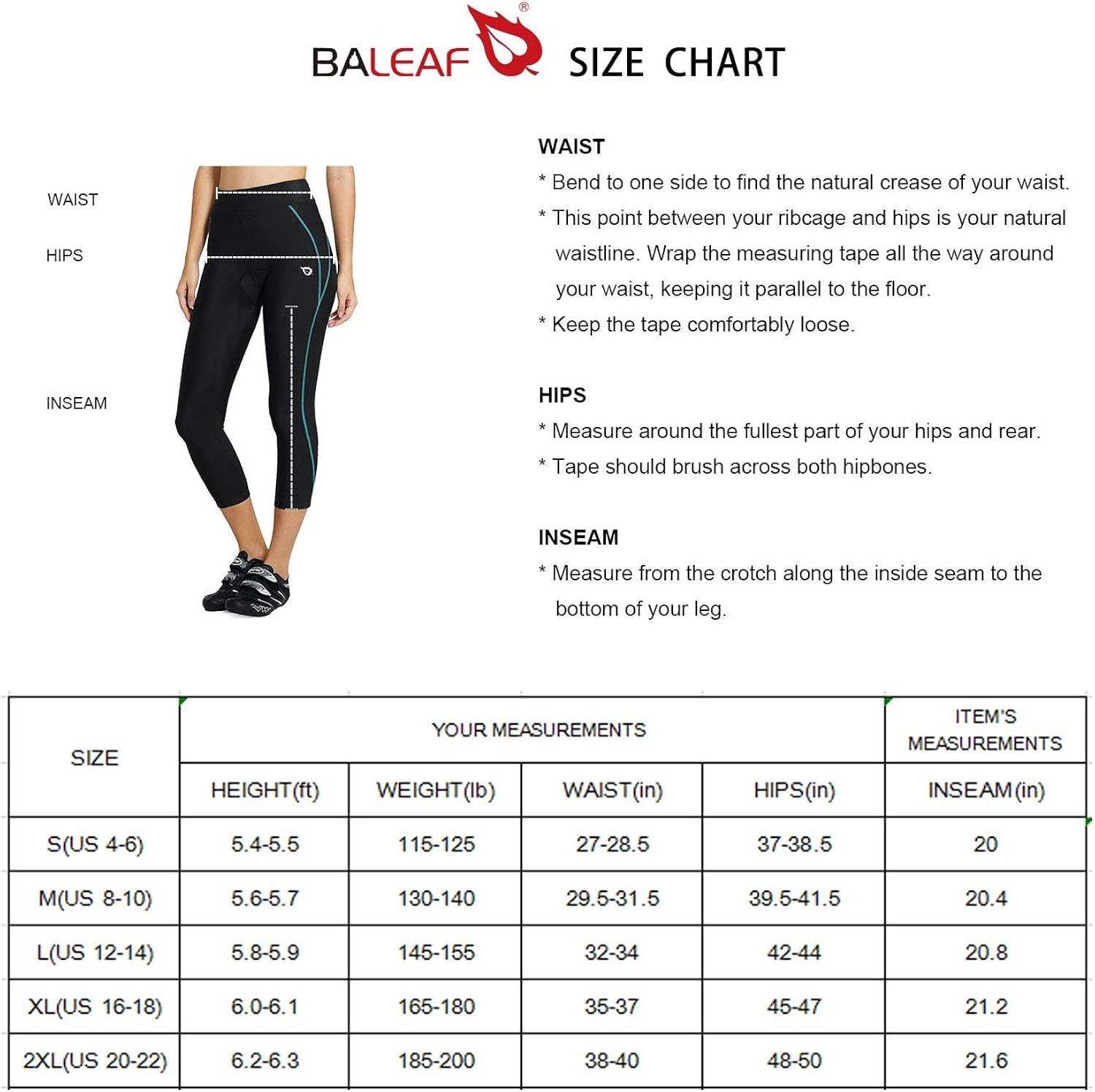 BALEAF Women's 3D Padded Cycling Pants Bike Shorts Capris Breathable 3/4 Tights UPF 50+ : Clothing