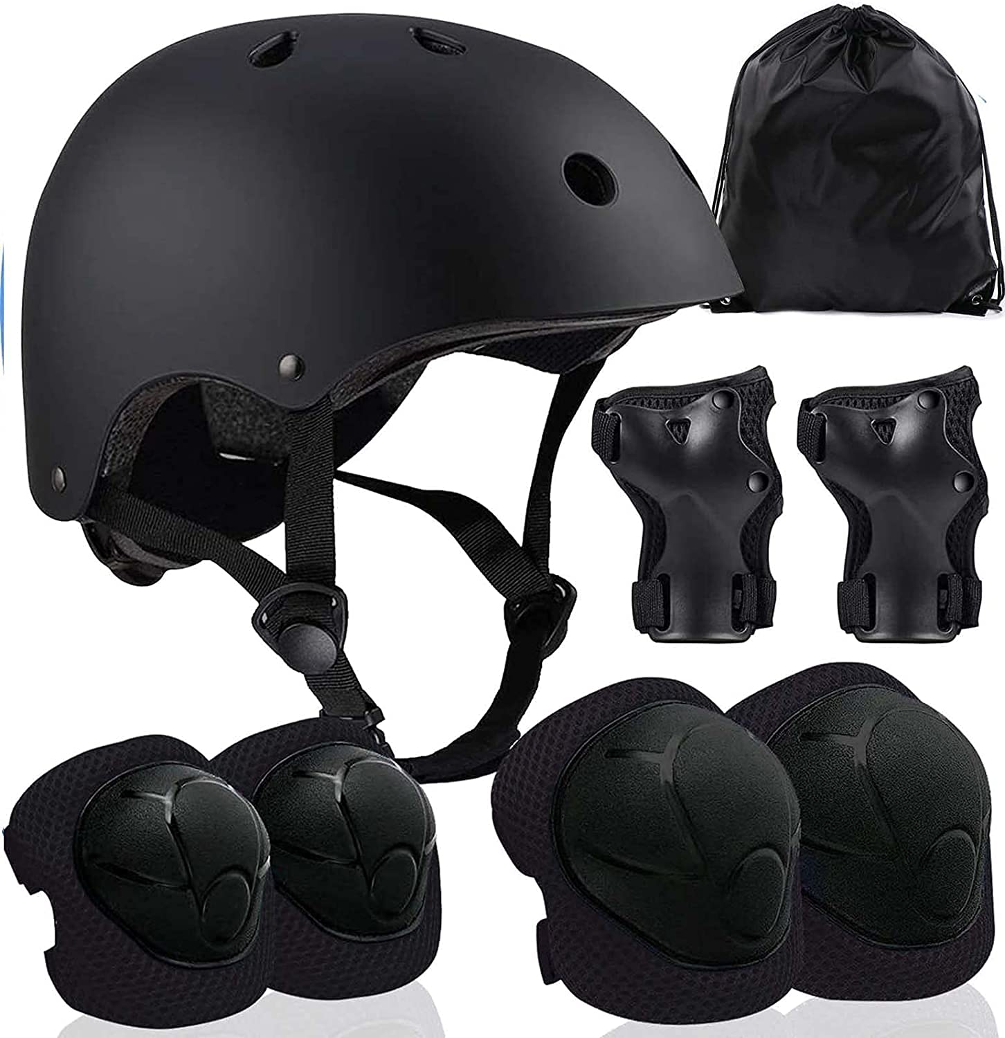 Kids Protective Gear Set Helmet Knee Elbow Wrist Pads 7 Pcs, Toddler Gear Support Equipment with Adjustable Straps Comfortable for Cycling Skating Roller Skates Skateboard fit Child 3-8 Years (Black)