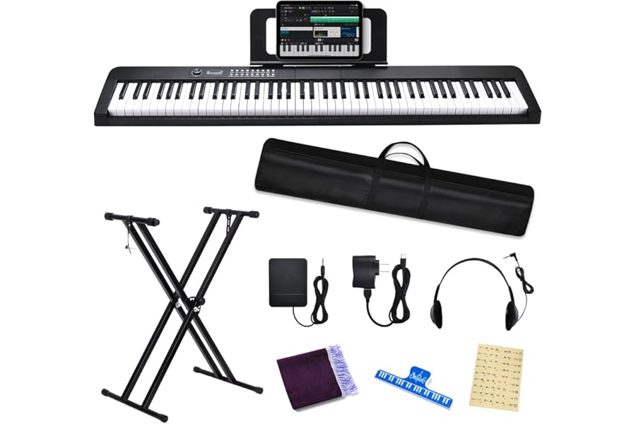 88 Key Keyboard Piano Electric Keyboard, 88 Key Digital Piano for for Beginner, with Power Adapter, Sustain Pedal, Stand, Bluetooth, Carrying Case, Headphones, USB-MIDI, for at Home/Stage