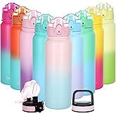 Oldley Insulated Water Bottle with Straw 20oz Stainless Steel Water Bottles with 3 lids Double-Wall Vacuum Thermal for Kids Adults School Sports, Pink-Blue