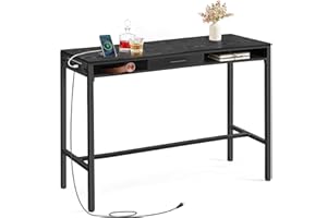 VASAGLE Bar Table with Power Outlets, 47.2 Inches Long Bar Height Pub Table, Rectangular High Top, with Movable Drawer, 2 Hooks, Narrow Storage for Kitchen, Dining, Entryway, Ebony Black