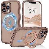 QuantumKoo Compatible with iPhone 13 Pro Max Case with Invisible 360° Rotatable Kickstand Magnetic Ring [Compatible with Magsafe] Cute Curly Wavy Drop Protective Bumper Phone Cover, Desert Titanium