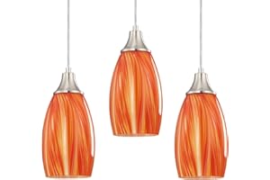 karyfine Art Glass Mini Pendant Lights for Kithen Island Blown Glass Pendant Lighting Shade with Brushed Nickel Finish 3Pack Hanging Pendant Light Kitchen Counter,Dining/Living Room Red Orange