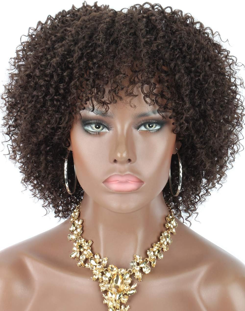 Kalyss 8" Synthetic Short Afro Kinky Curly Wigs for Women Realistic Brown Curly Wigs with Hair Bangs Lightweight Soft Bouncy Curls Hair Wigs