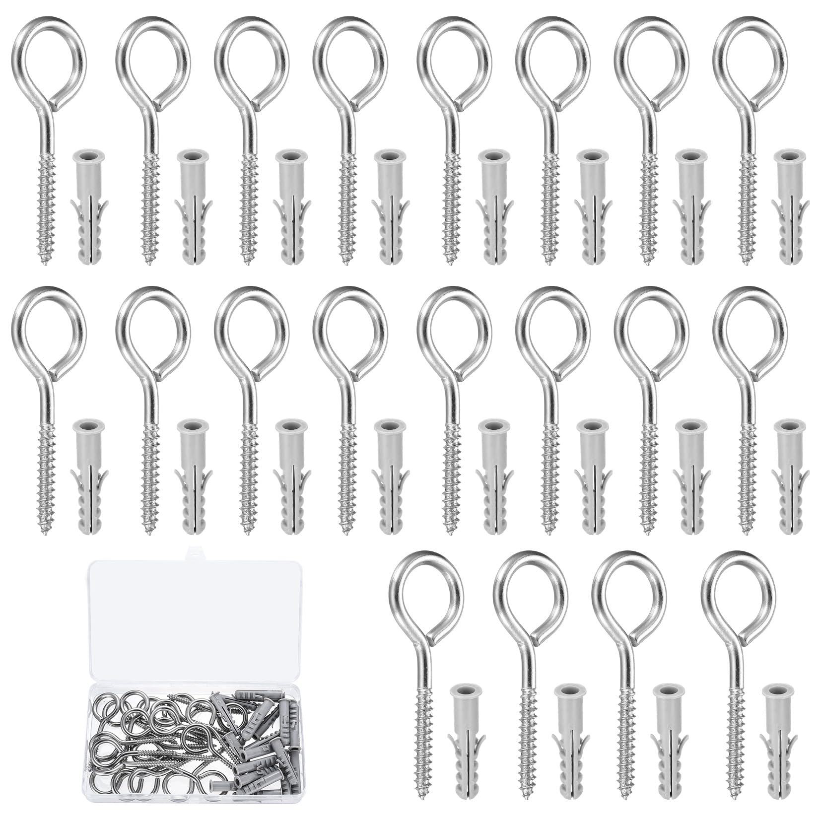 Stainless Steel Heavy Duty Eye Bolts - 21 M5x70mm Screw-in Hooks for Wood Indoor Outdoor Climbing Plants + 21 Wall Plugs