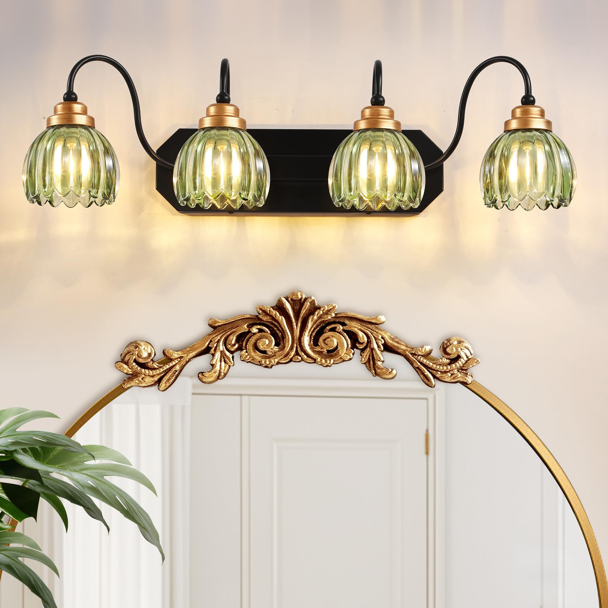 Photo 1 of Vintage Bathroom Vanity Light, 4 Light Bathroom Lighting Fixtures Over Mirror, Mid Century Style Farmhouse Light Fixtures with Green Glass Shades, Black Finish Wall Mount for Bedroom , Living Room