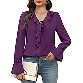 Funlingo Women's Long Sleeve Tops Dressy Casual V Neck Ruffle Tunic Chiffon Blouse Fall Trendy Work Shirts
