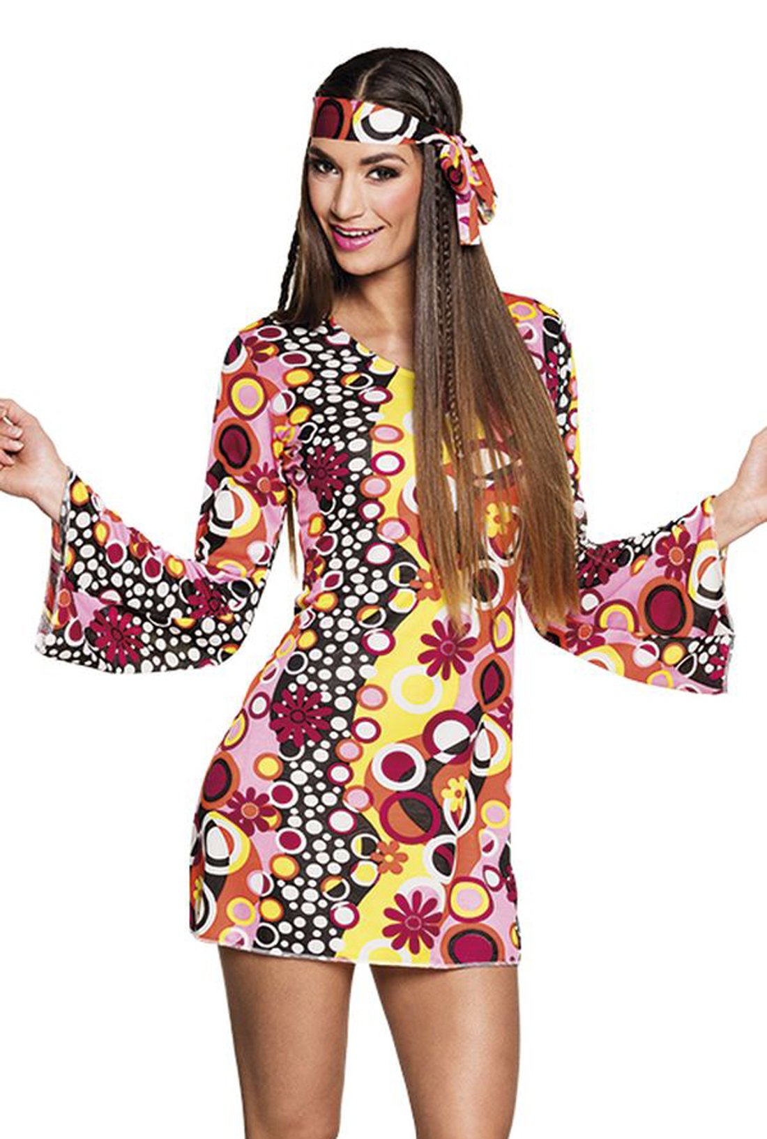 Boland 83867 Groovy Girl Adult Costume Dress with Headband, Size M, Hippie, Flower Power, Flower Girl, 60s, Themed Party, Carnival