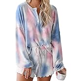 Lopie Womens Lounge Sets 2 Piece Pajamas Set Long Sleeve Tops and Shorts Sleepwear Tie Dye Printed Nightwear