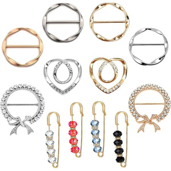 12PCS Scarf Ring Clip Set - Metal Circle Buckle & Crystal Brooch Pins For Shawls, Sweaters & Gifts