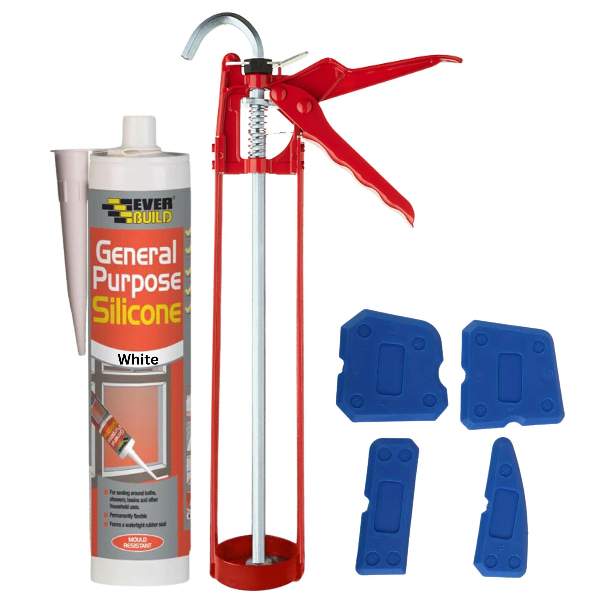White Silicone Sealant Anti Mould Set - Bundle Includes 11 Inch Caulking Gun, General Purpose Waterproof Silicone Sealant White, Silicone Tool Smoothing Set