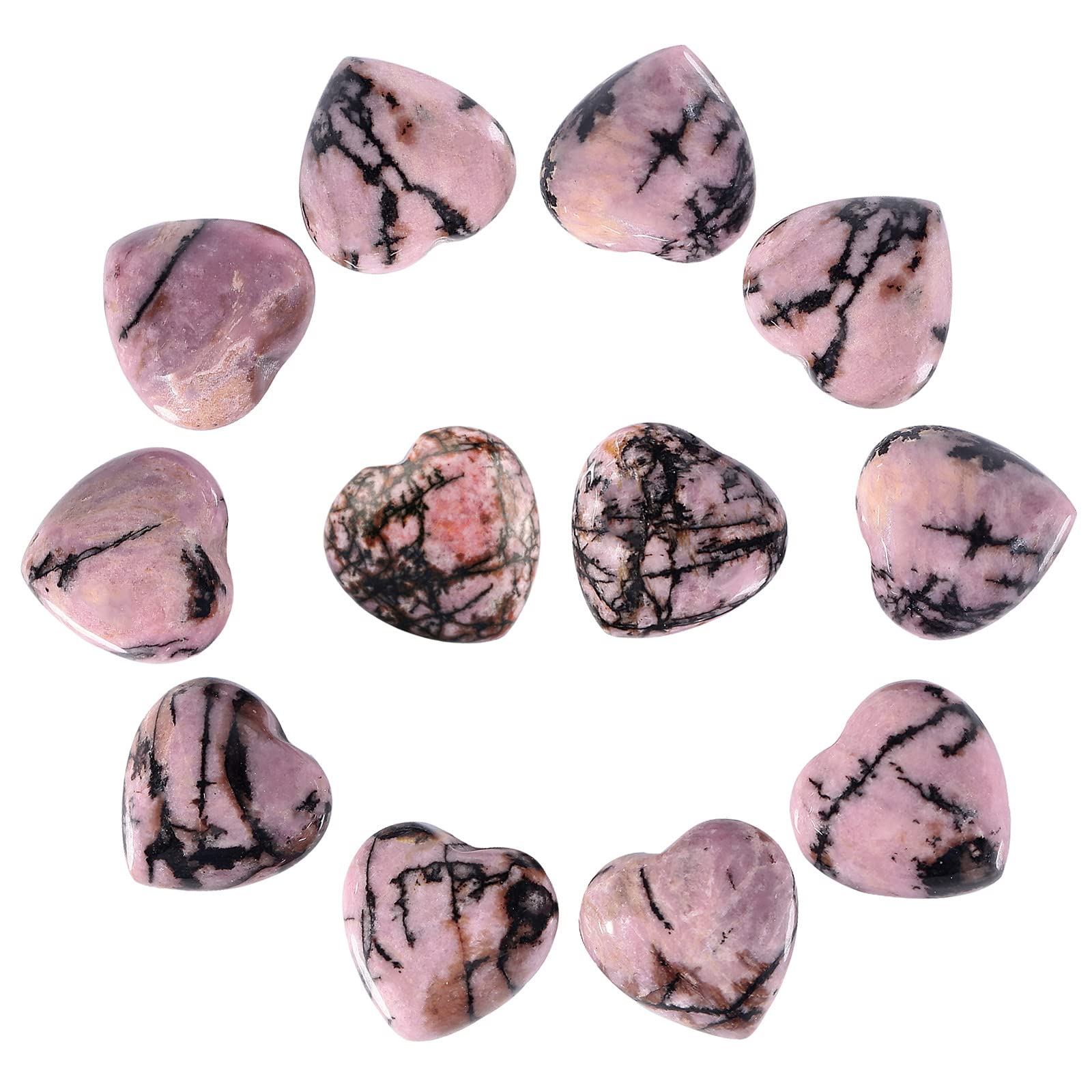 Nupuyai 12pcs Rhodonite Crystal Heart Love Palm Worry Stone for Chakra Healing, Carved Stone for Home Decoration 1.5cm