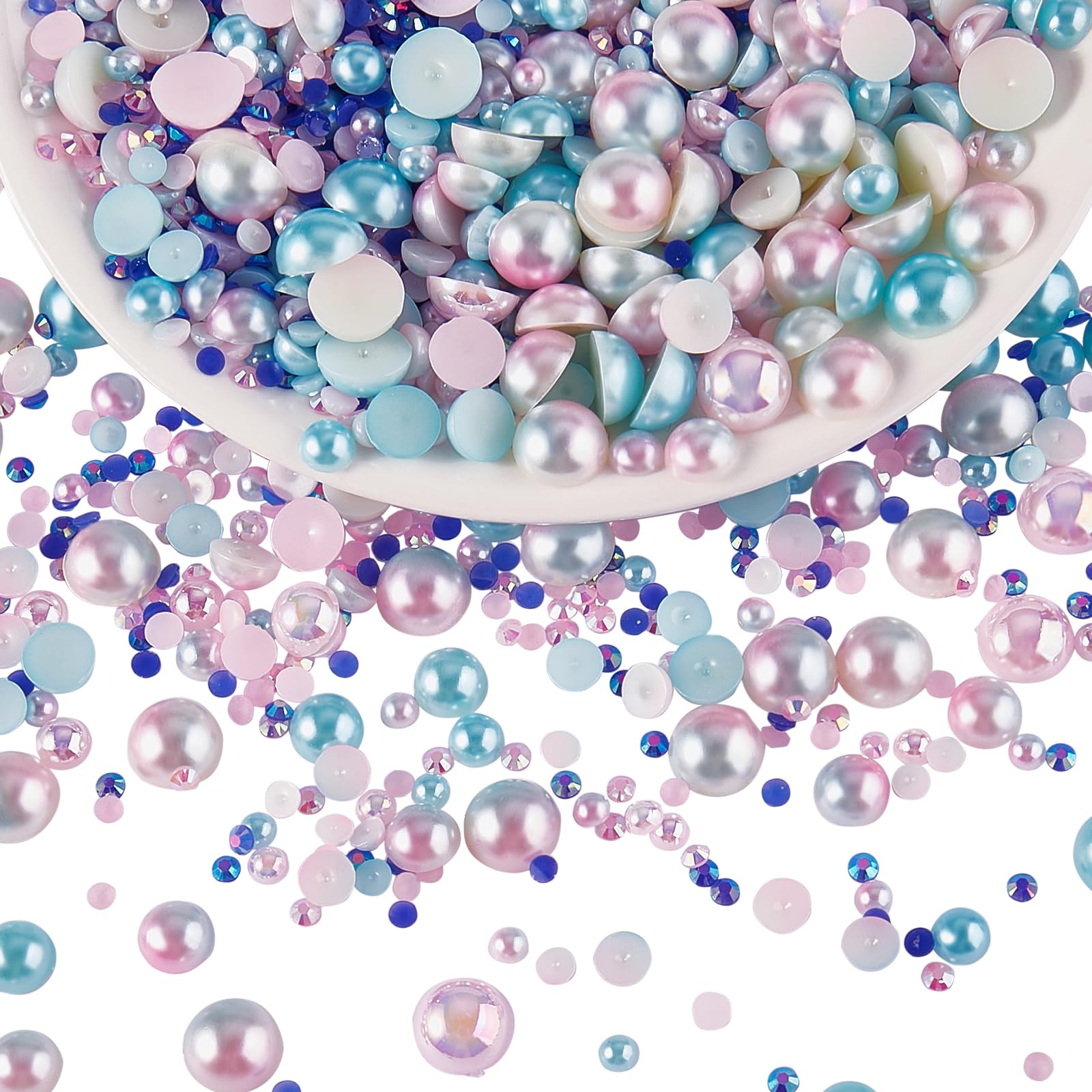 BEEFLYING 60g Mix Flatback Pearls & Resin Rhinestones Half Round Pearl Beads for Crafts 3mm-10mm Half Pearl Rhinestone for Face Art Tumblers Bottles Clothes Gift Card Jewelry Decor(Pink Blue)