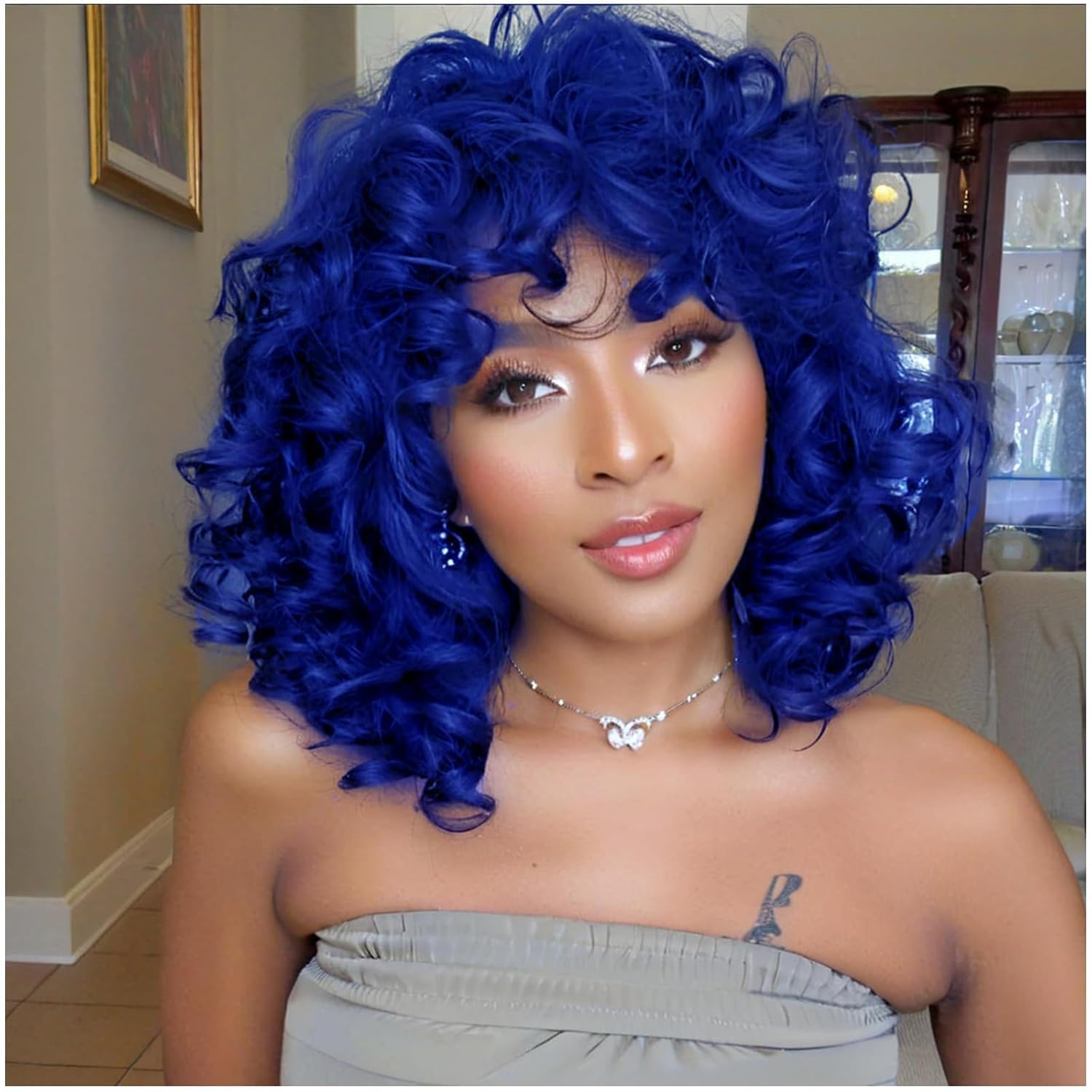 PORSMEER Blue Curly Afro Wigs for Women Natural Synthetic Hair Kinky Big Wave Bob Wig for Halloween Cosplay Movie Costume/Daily Wear — image 1