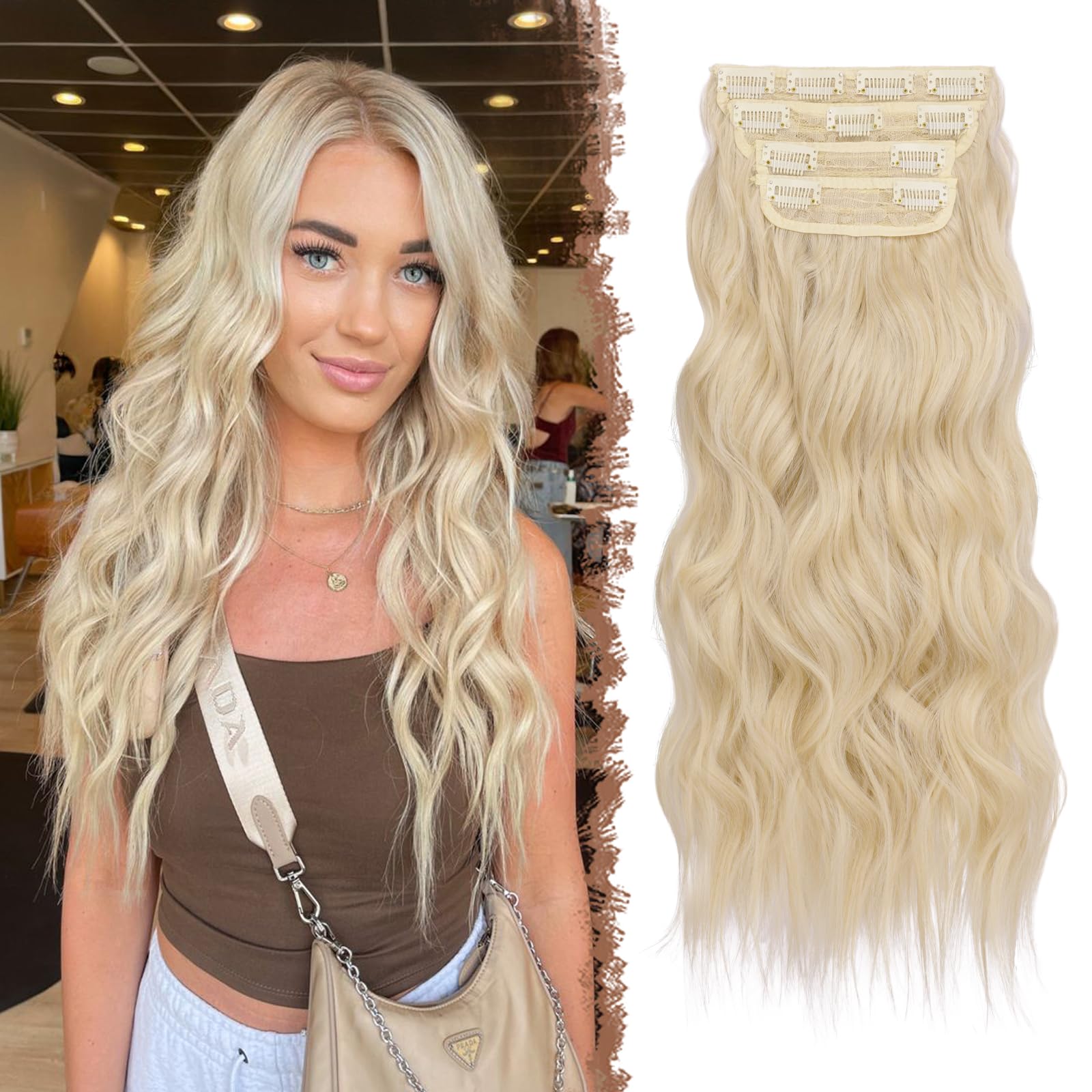 FESHFEN Clip in Hair Extensions 4PCS Platinum Blonde Thick Hair Piece Long Wavy Clip in Extensions Full Head Synthetic Fiber Hairpieces for Women, 20 Inch 180g โ image 1