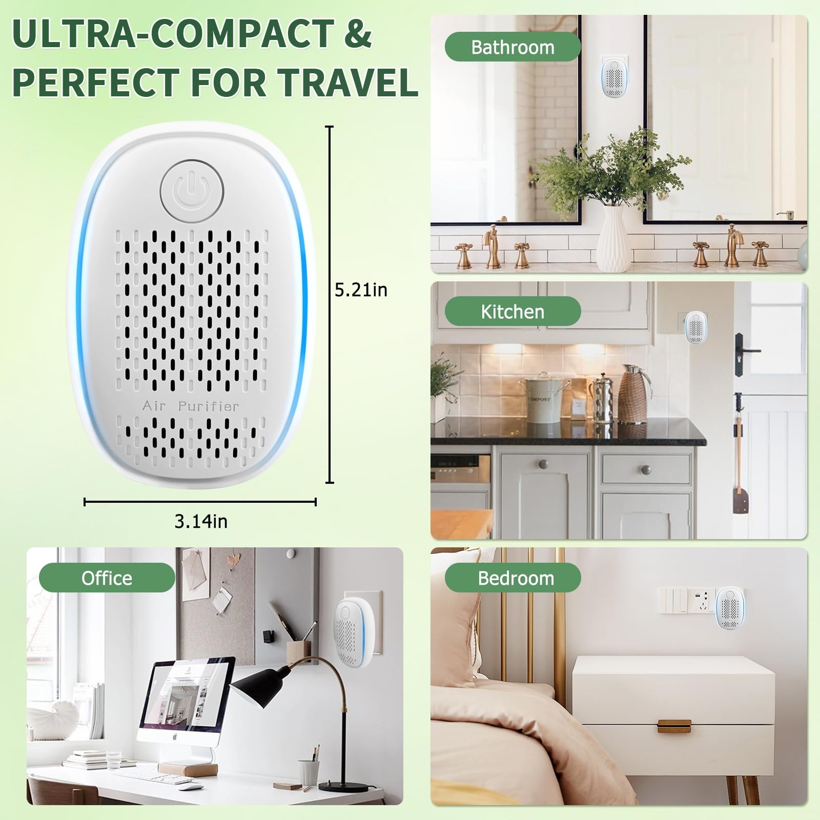 Air Ionizers HEPA Filter/Plug In Air Purifier for Home, Negative Ion Filtration System for Bathroom,Bedroom, Office, Kitchen, Mini Air Cleaner, Portable Air Filter (White) (1)