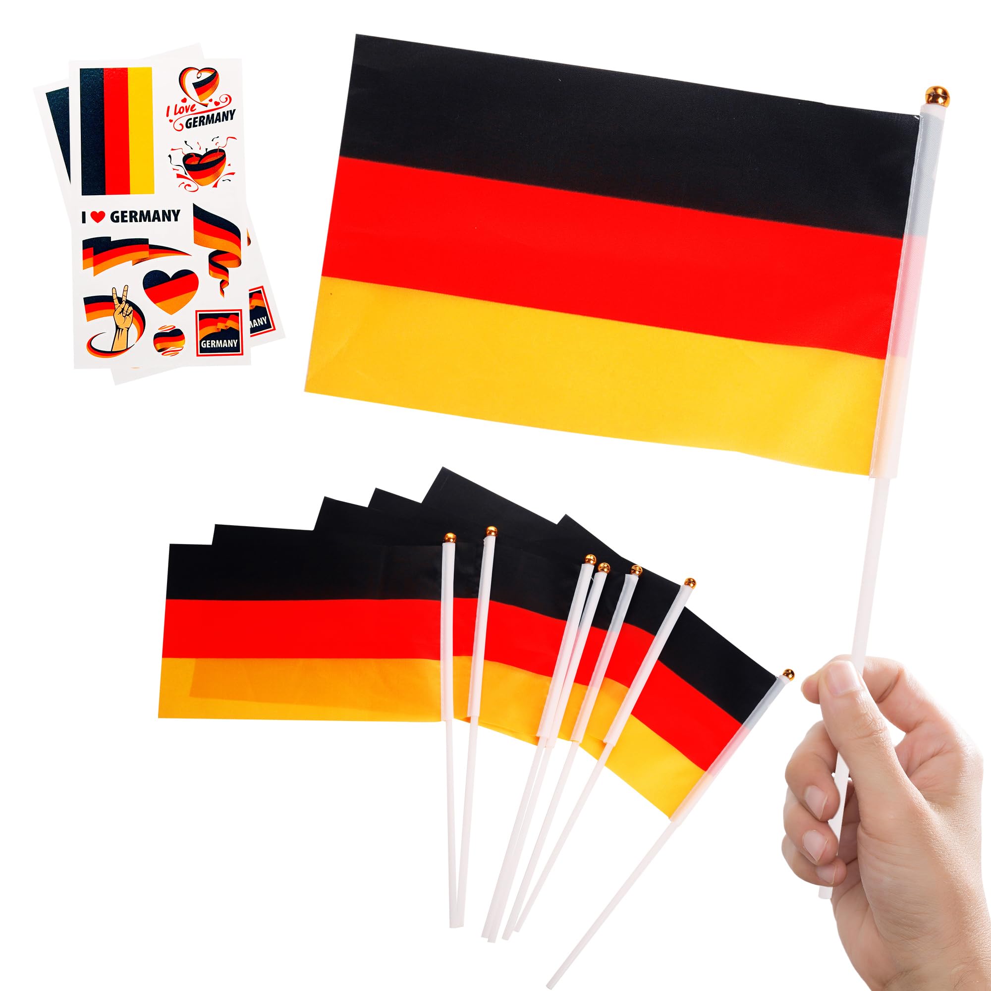 10pcs Mini Germany Flags on Sticks & 2pcs Tattoos, Small German Flag German Decorations Hand Held Flags for World Cup 2026 Football Sports Events Party Decoration, Double-Sided Germany Flag