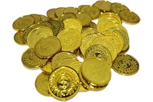 PEMALIN 100Pcs Plastic Play Coins Gold Pirate Treasure Hunt Coins Toys for Kids Party Theme Props Decoration,Party Favor,Lucky Draw Games, Great for Kids, Toddlers, Teachers