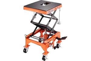 VEVOR Hydraulic Motorcycle Lift Table, 350 lbs Capacity Motorcycle Scissor Jack Lift with Wide Deck, J-Hooks, 4 Wheels, Hydraulic Foot-Operated Jack Stand for ATV Dirt Bikes