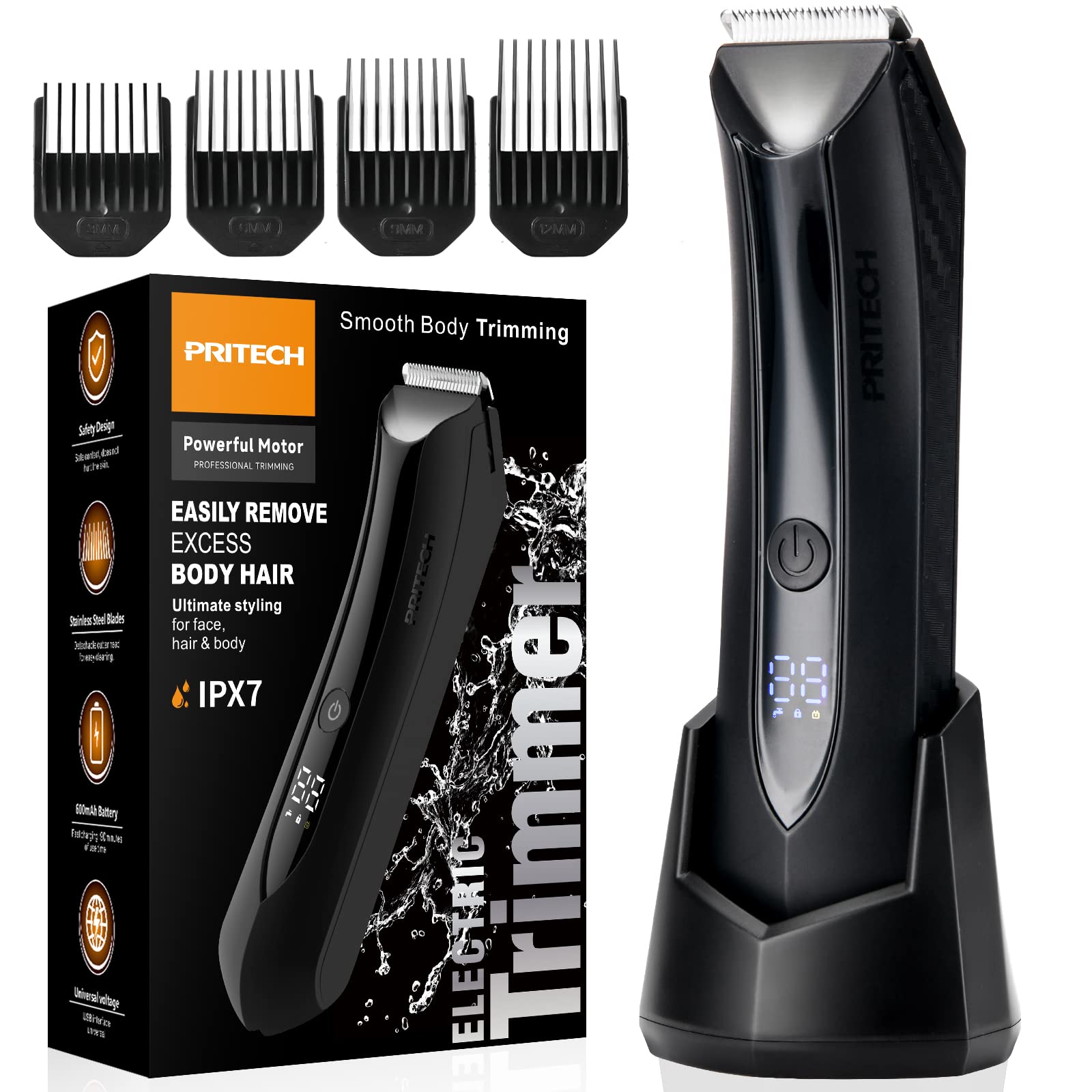 Body Hair Trimmer for Men - Rechargeable Trimmer for Mens with Ceramic Blade, Wet & Dry Mens Ball Trimmer with Standing Recharge Dock, Cordless Groin Hair Trimmer for Men