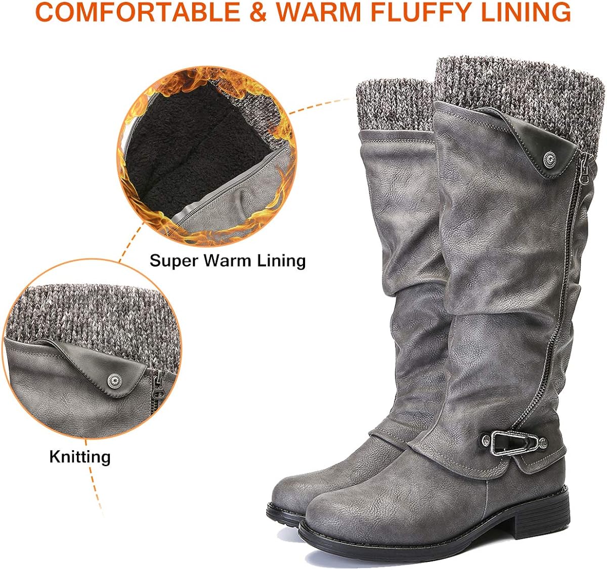  | gracosy Leather Knee Boots, Women's Knee High Boot Flat Heel Zipper Buckle Riding Boots | Knee-High