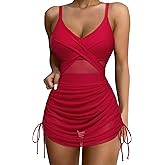SUUKSESS Women One Piece Swim Dress Tummy Control Swimsuit Mesh Bathing Suit