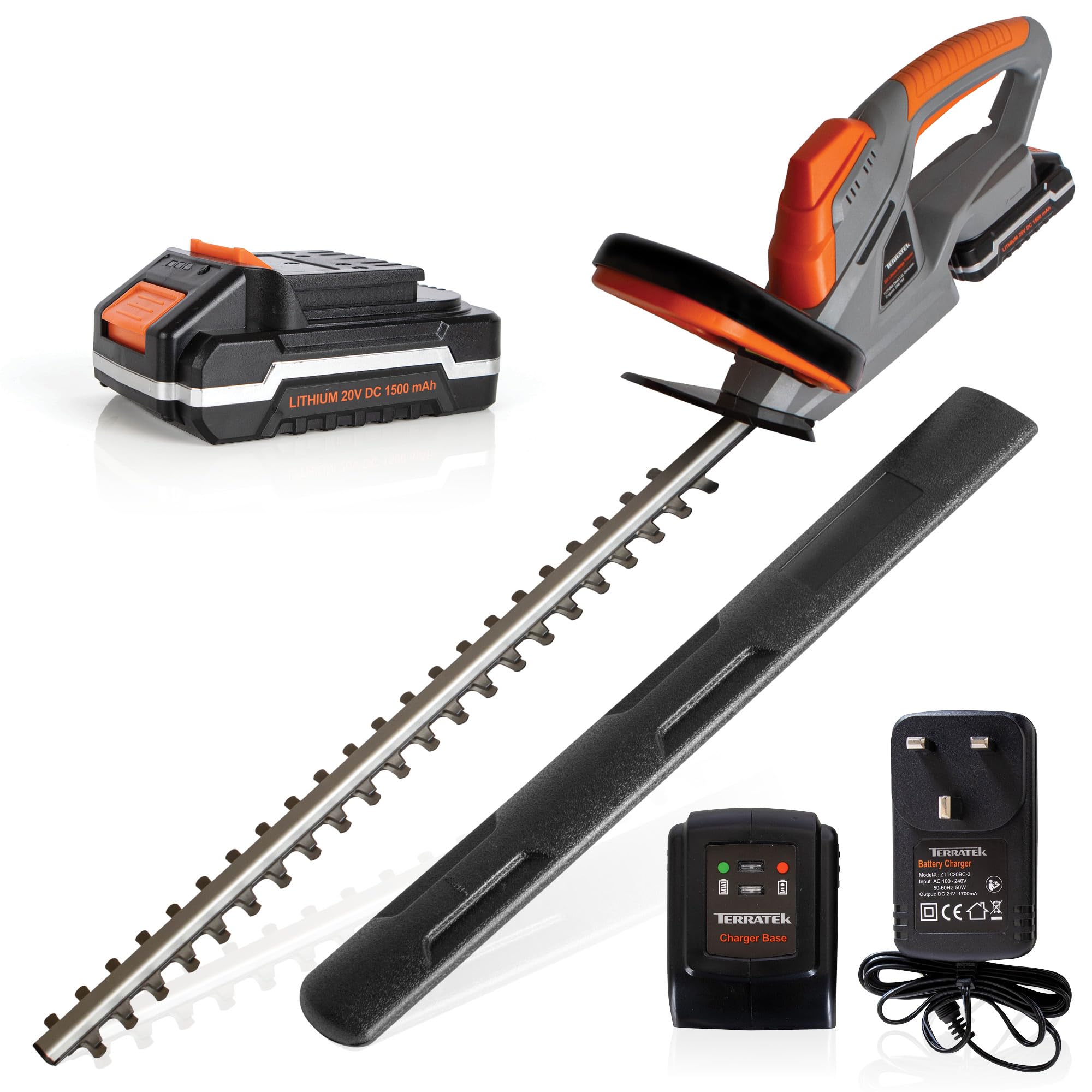 Terratek Cordless Hedge Trimmer 20V 1HR Fast Charge 51cm (510mm) Cutting Length, Hedge Trimmer Cordless Hedge Cutter with 1x Battery and Charger Included