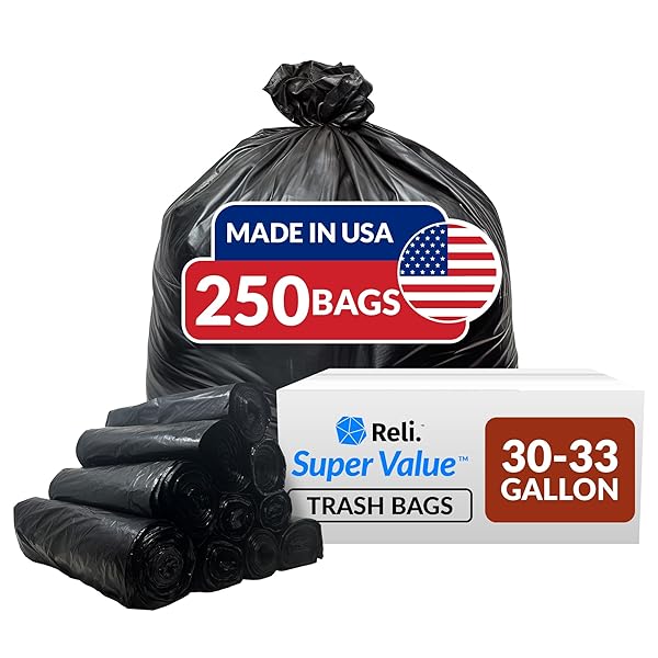 RELI. 30-33 GALLON TRASH BAGS HEAVY DUTY | 250 COUNT BULK | BLACK LARGE TRASH BAGS 30+, 32 GALLON | MADE IN USA