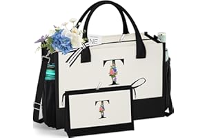 QLOVEA Initials Canvas Tote Bag, Strap, 2 Side Pockets, 1 Inner Pocket, Top Zipper, Personalized Birthday Gift for Women