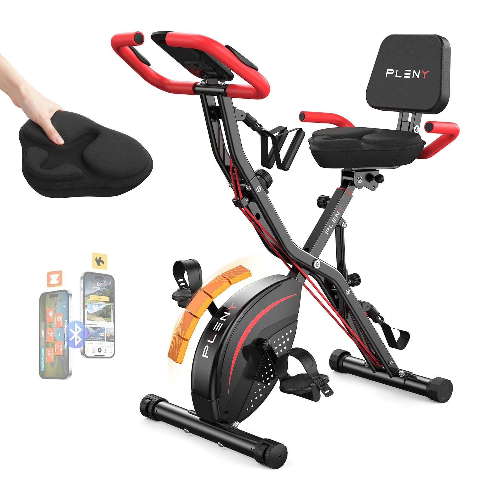 Pleny Folding Exercise Bike, 5 IN 1 Stationary Bikes for Home 6.6 LBS Flywheel, 330LB Weight Capacity Back Support Cushion Indoor Workout Cycling Bike for Home Gym (red) Image