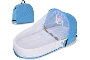 Tuyedoqe Baby Travel Bassinet，Portable Baby Bassinet for Newborn, Mommy Bag Diaper Bag with Mosquito Net and Toy Baby Lounger (Sky Blue, ONE-Size)