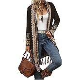 MakeMeChic Women's Open Front Long Fringe Cardigan Western Long Sleeve Boho Cardigan Sweater