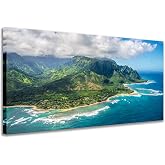 Large Wall Art Aerial View on Napali Coast of Kauai island USA Hawaii Landscape Prints Picture Modern Home Decor Framed for Living Room Ready to Hang 24"x48"
