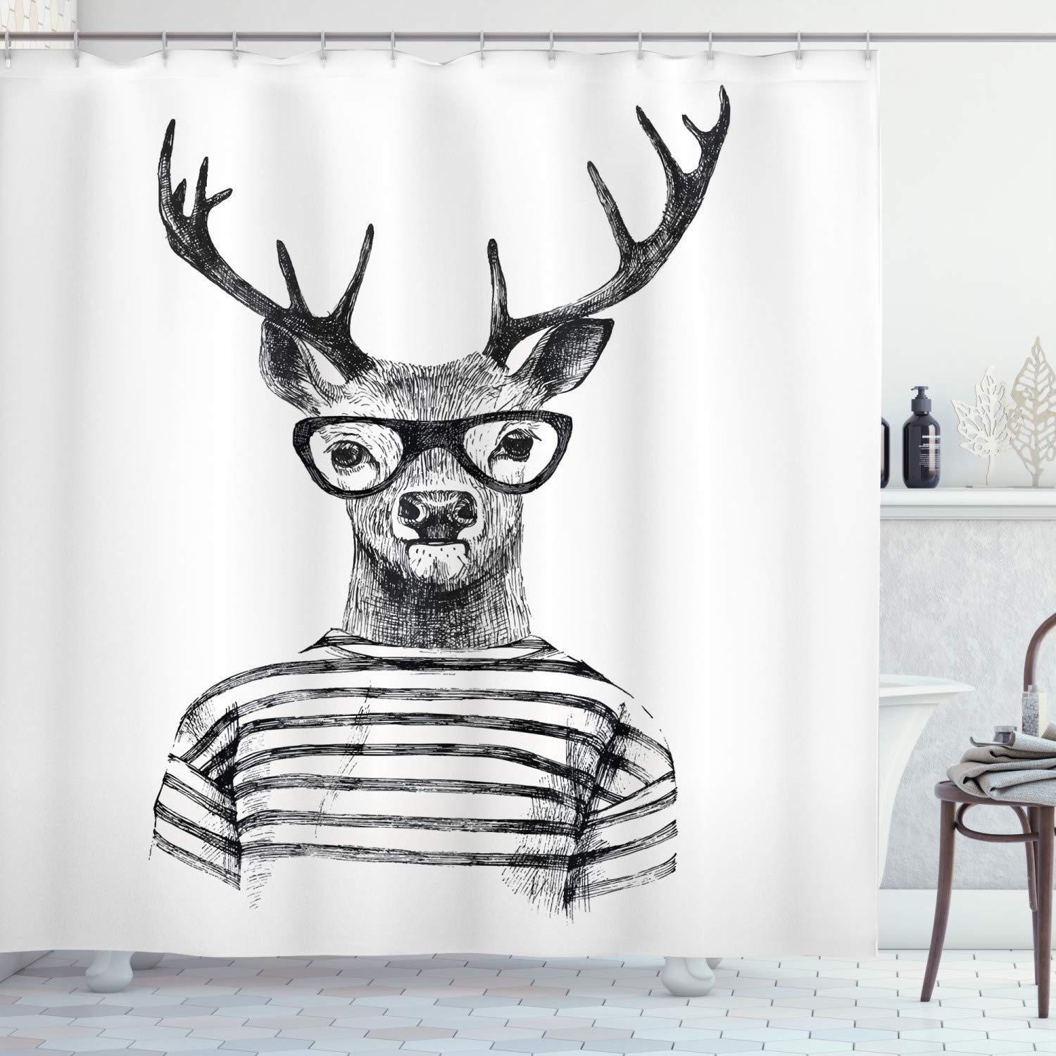 ABAKUHAUS Deer Shower Curtain, Dressed up Reindeer Headed Human Hipster Style with Glasses Stripped Shirt, Cloth Fabric Bathroom Decor Set with Hooks, 84 Inches Extra Long, Charcoal Grey White