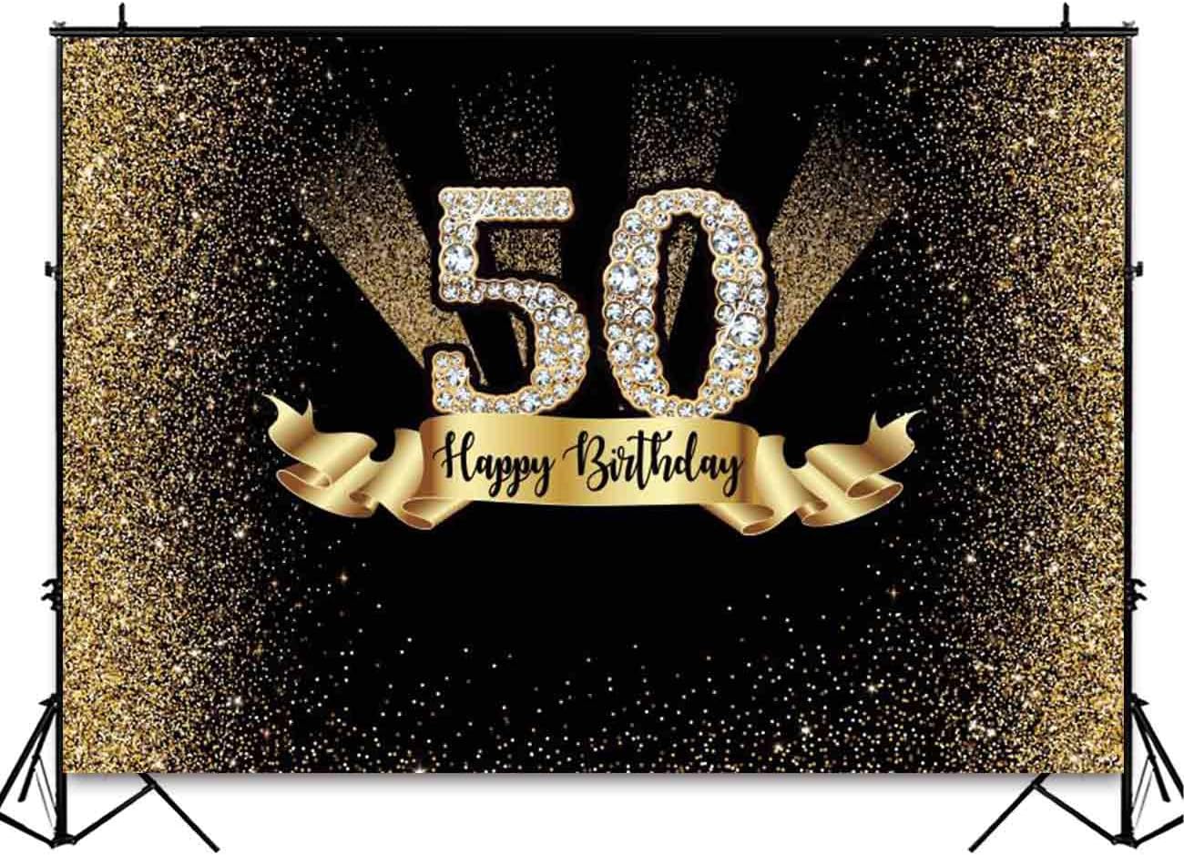 Allenjoy 8X6FT Durable Fabric Gold and Black 50th Birthday Photography Backdrop Adult Golden Glitter Diamonds No Wrinkles Background Fifty Years Old Age Party Decoration Photo Banner Photobooth