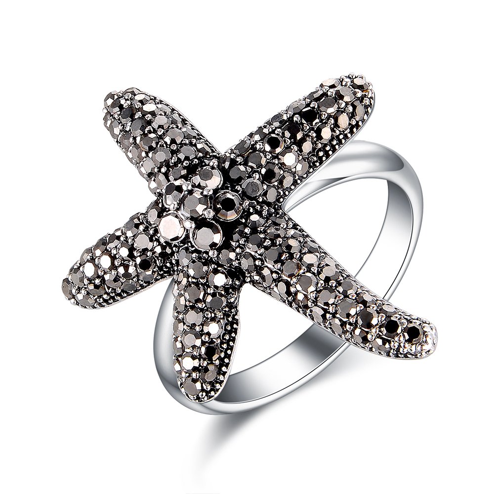 Dnswez Starfish Black Crystal Marcasite Fashion Statement Ring(10)