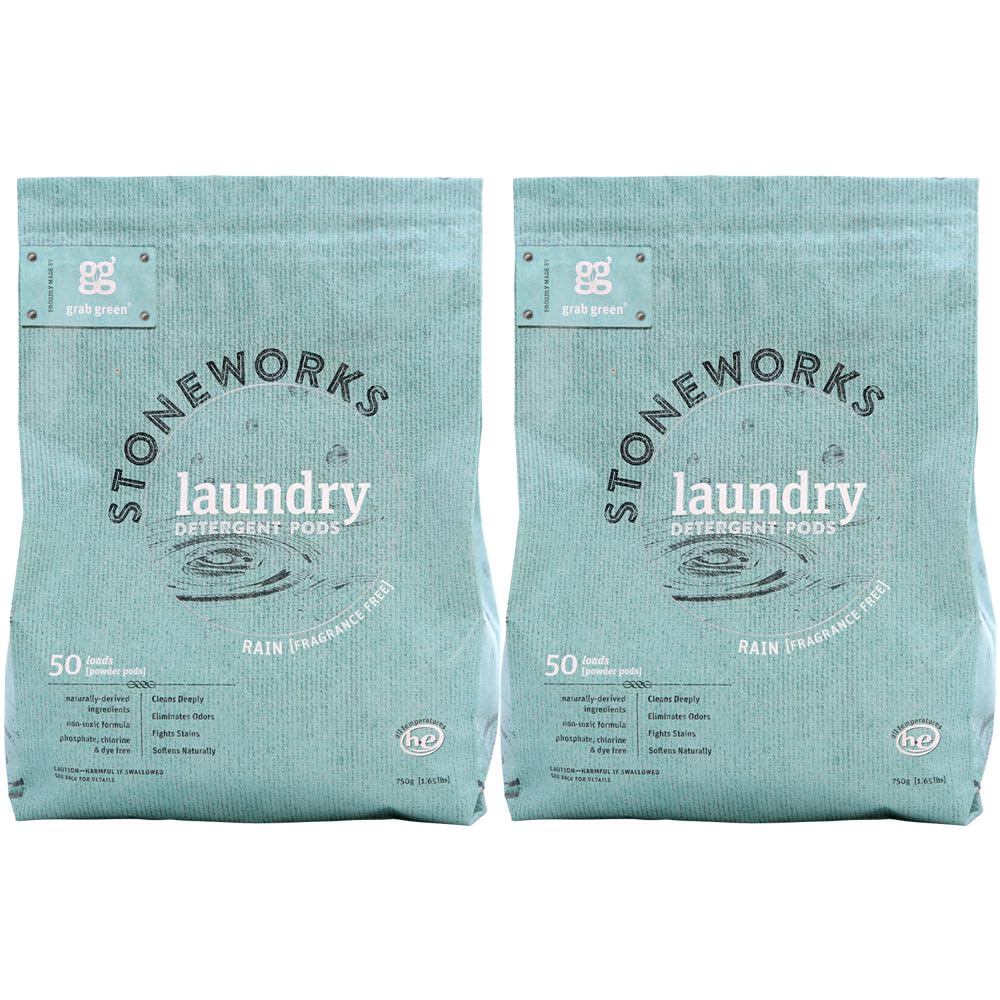 Grab Green Stoneworks Laundry Detergent Pods, 100 Count, Fragrance Free Rain Scent, Plant and Mineral Based, Cleans Deeply, Eliminates Odors, Fights S
