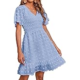 BTFBM Womens Beach Vacation Dress Summer 2026 V Neck Short Sleeve Smocked Swiss Dot Ruffle Casual Spring Mini Dresses