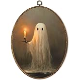 Yorhifa Halloween Ghost Framed Wall Art, Dark Academia Ghost Holding Candle Oval Wall Art, Spooky Halloween Oval Walls Decor, Vintage Gothic Canvas Artwork Hanging Decor, 8.5x11.5in