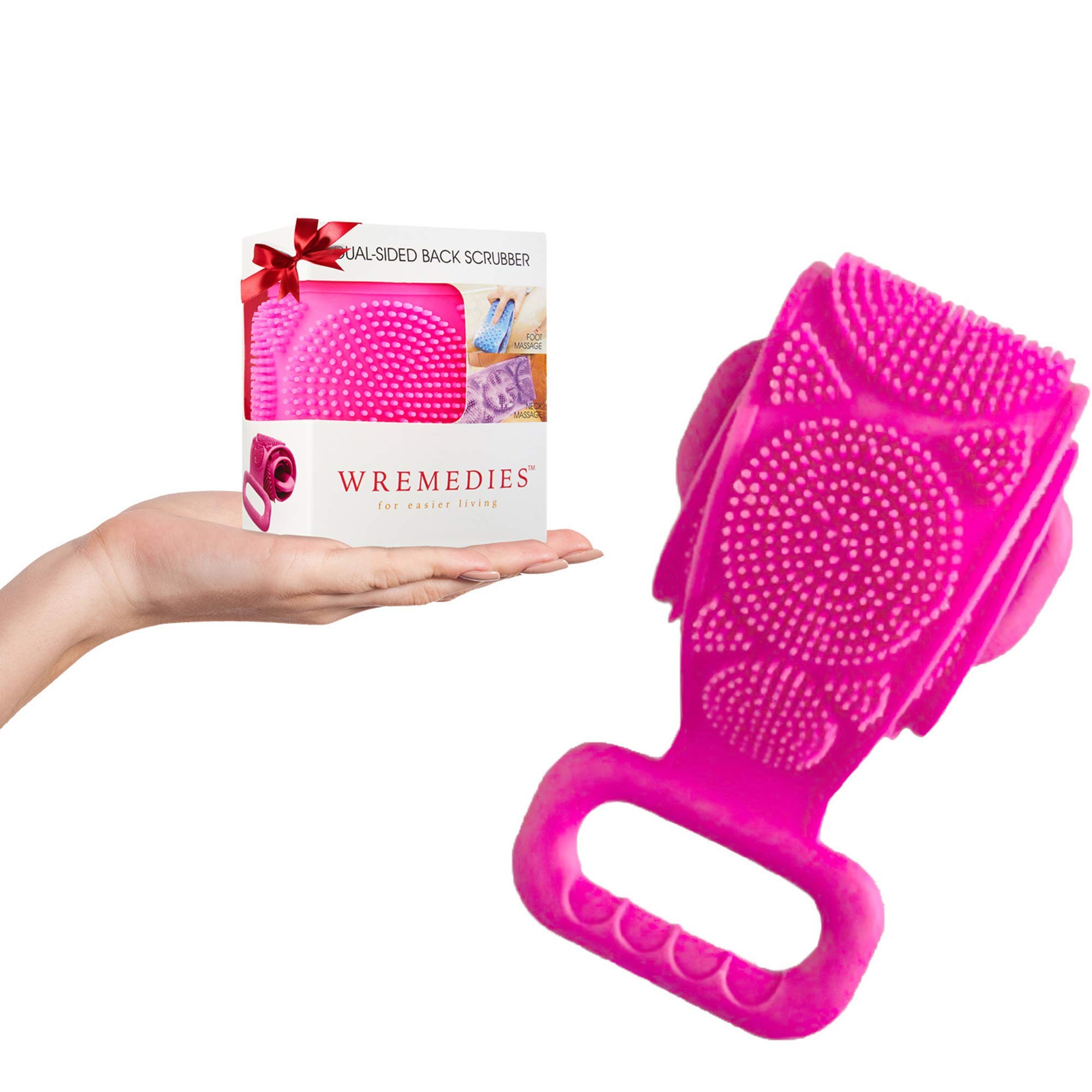 Wremedies for Easier Living Silicone Dual Sided Back Scrubber Body Wash Shower Exfoliating Deep Clean Massage Cleansing Pad Scrub Back Acne Bath Cleanser Ideal for Men and Women (Pink)
