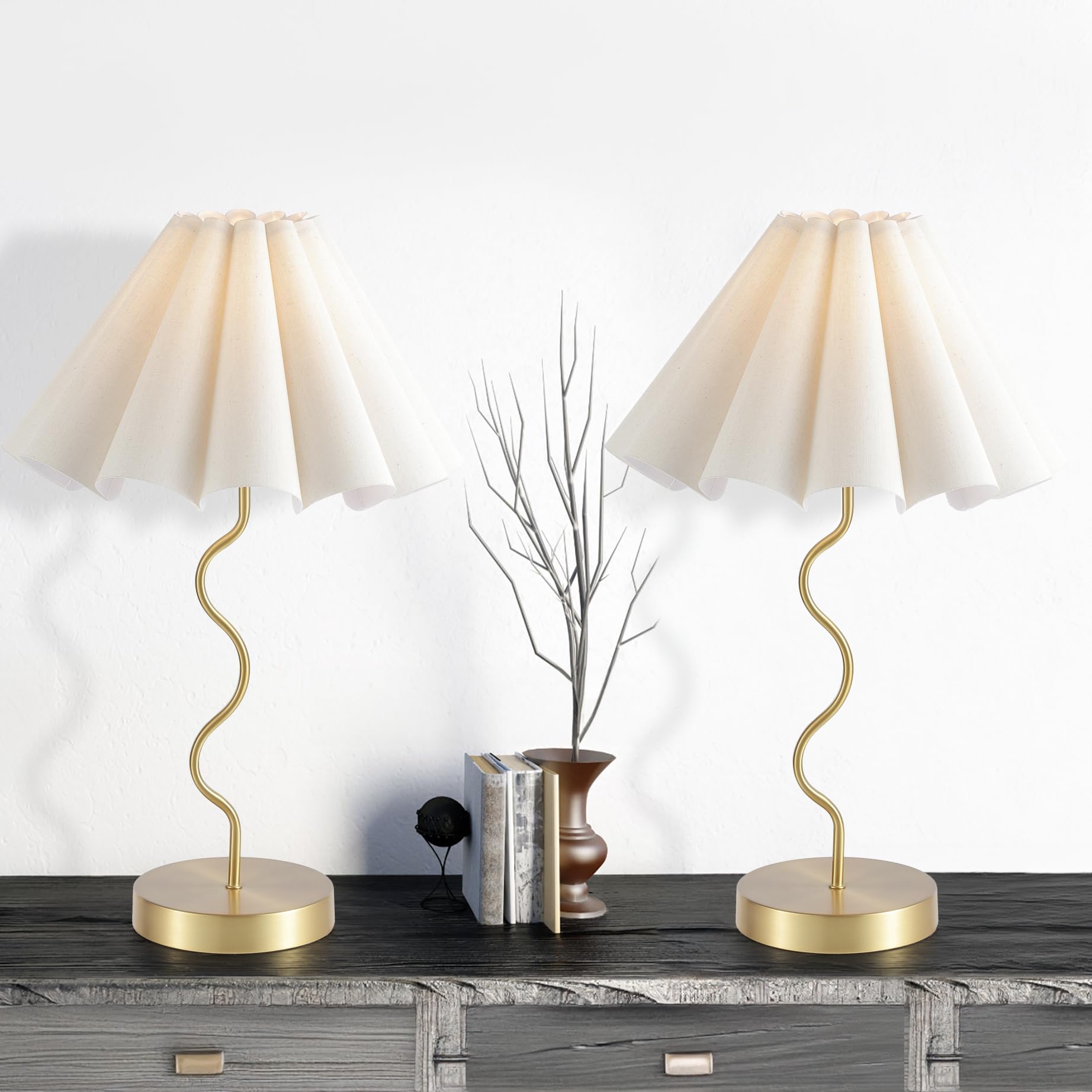View 1 of (new item) EOEYYOYB Pleated Table Lamp, Set of 2 Table Lamps for Bedroom, Bedside Lamps for Nightstand with Linen Lampshade, Modern Lamp for Bedroom Home Office Decor, Gold
