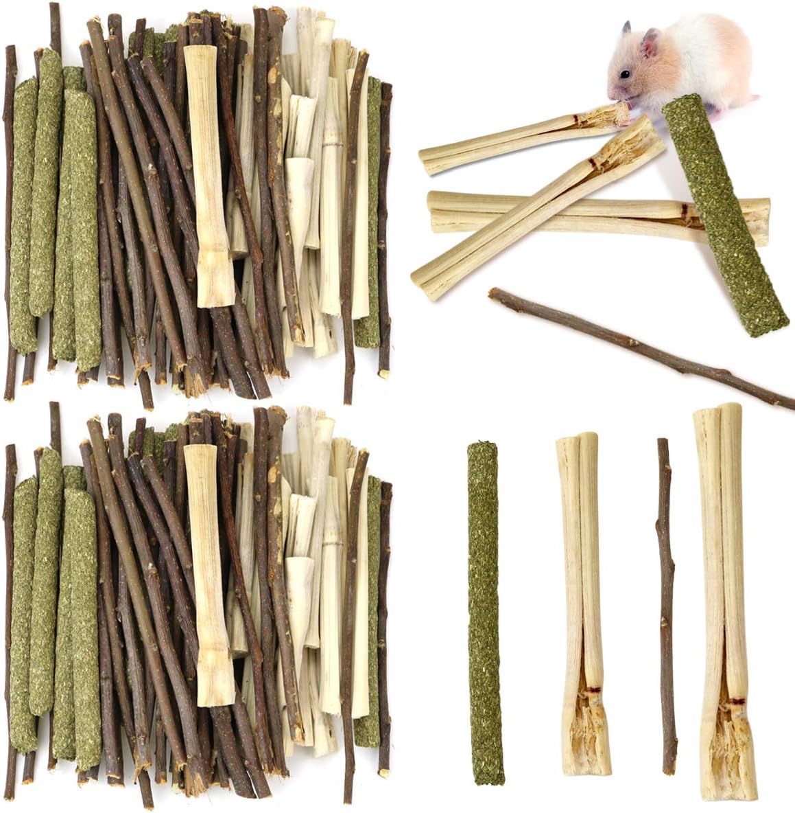 BILLIOTEAM 600g 3 Types of Combined Chew Toys Timothy Grass Molar Sticks Sweet Bamboo Apple Branch,Natural Pet Chew Treats Snacks for Small Animal Rabbit Chinchilla Guinea Pig Squirrel Bunny Hamster
